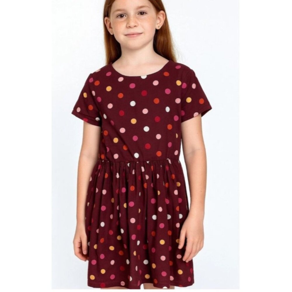 Lands' End Girls Polka Dot Short Sleeve Dress Size 7 Maroon Zip Up Back 100% Cot - Picture 2 of 10